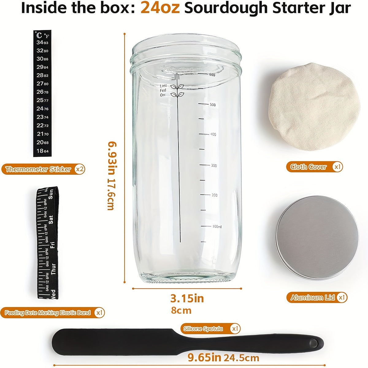 24oz Glass Fermentation Jar Set with Scale, Lid, Spatula, and closure for bread dough and fertilizer cultivation, natural yeast and fish sauce fermentation.