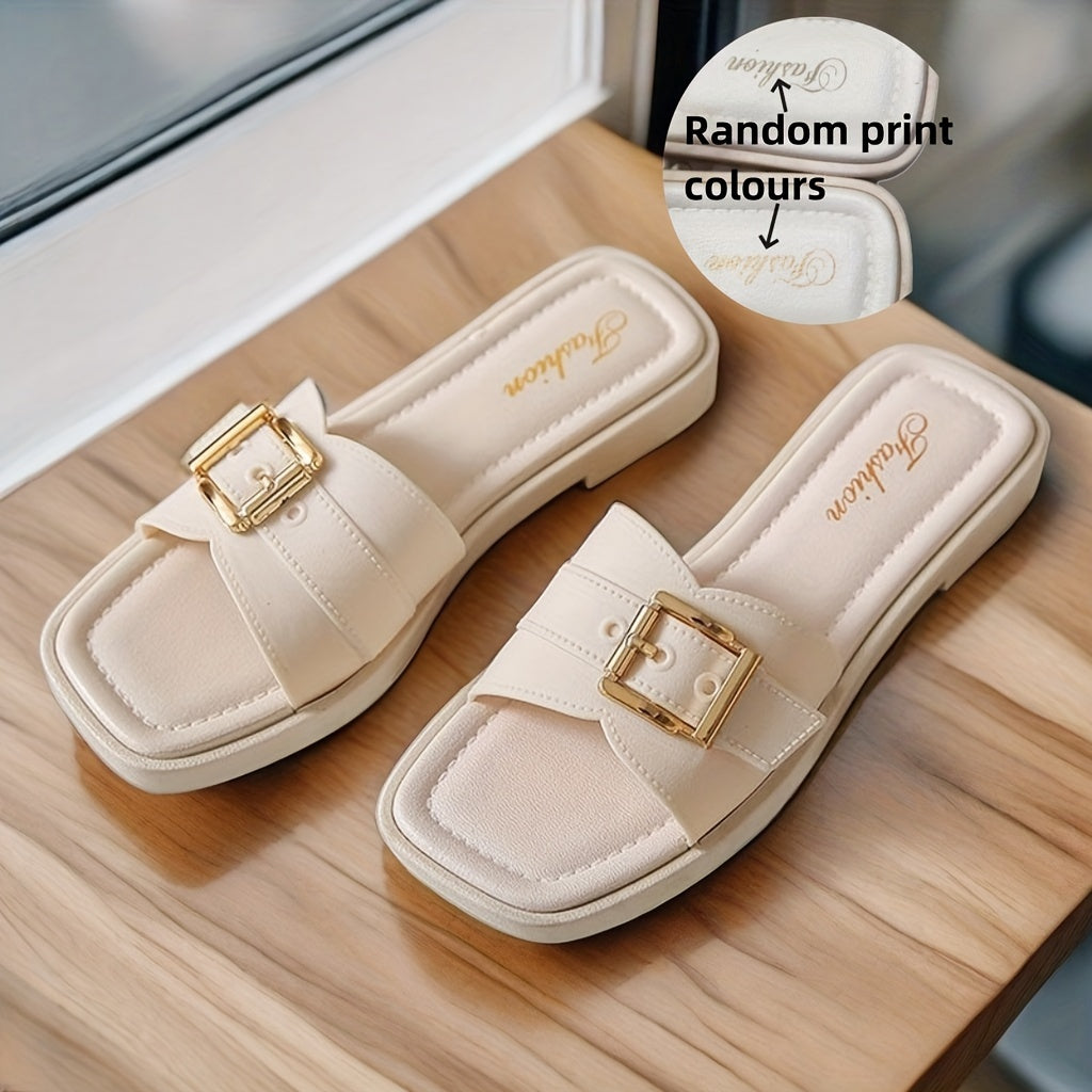 Women's slide sandals with buckle strap design, square open toe, and lightweight construction.