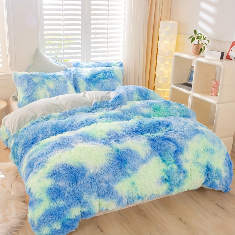 Y2K Tie Dye Plush Duvet Cover Set includes 3 pieces (1 Duvet Cover + 2 Pillowcases), providing soft and warm bedding.