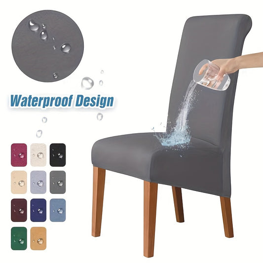 Waterproof high-back dining chair slipcover made of stretchable spandex/polyester blend. Machine washable in multiple modern colors, suitable for home and office decor.