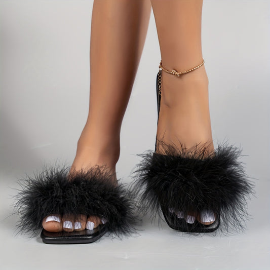 Women's elegant fluffy feather flat slides with square open toe, perfect for summer.