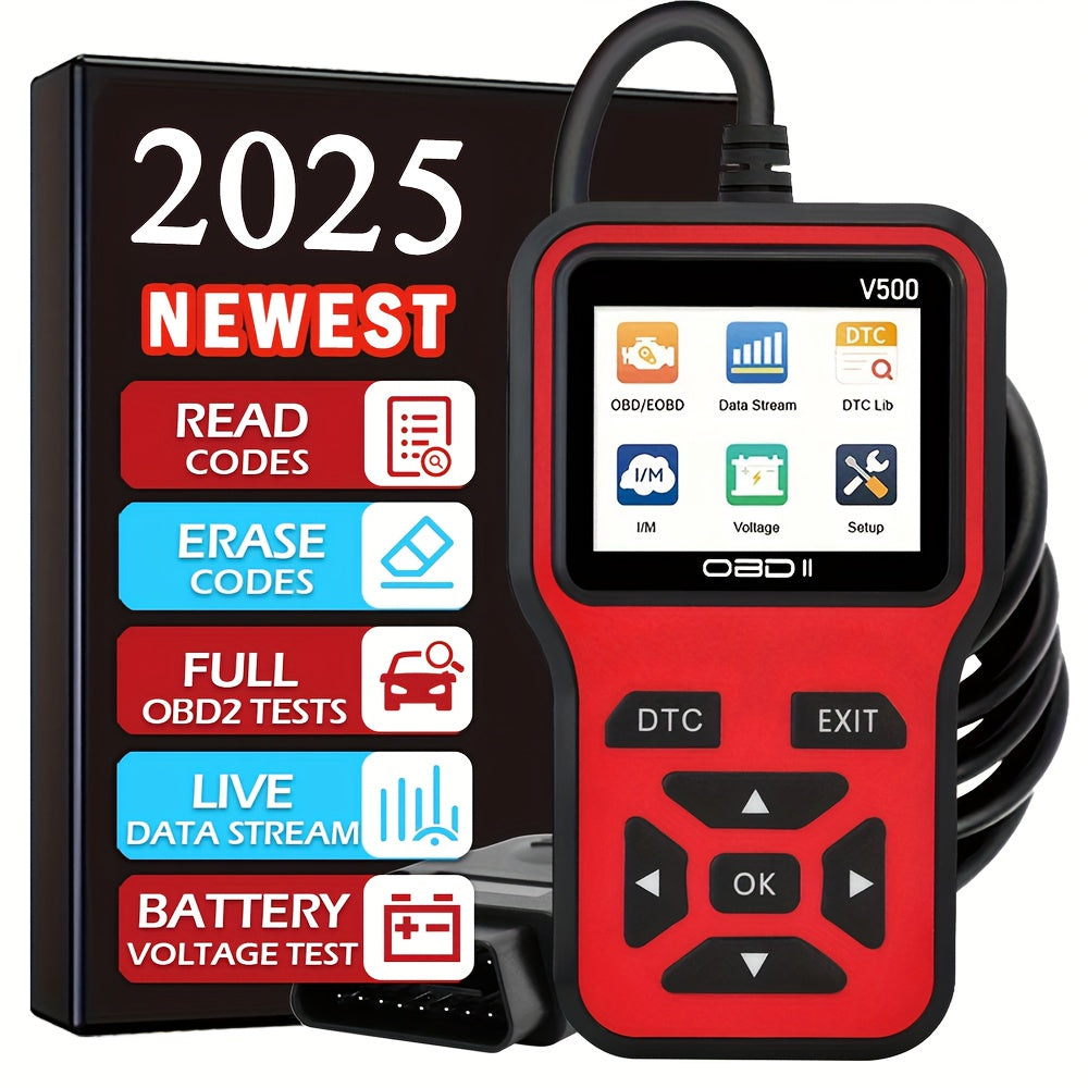 OBD2 Scanner V500 is a versatile diagnostic tool for cars, featuring a code reader, voltage tester, engine fault scanner, and charging tester. It is OBDII compatible and does not require