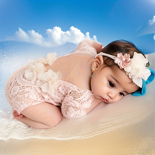 Infant Lace Romper Outfit with Headband and Hair Accessories, featuring Artificial Diamond Pearls, Chiffon Lace, and Embroidered Stretch Lace. Ideal for Newborn Photography Sessions.