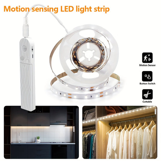 Battery-operated motion sensor light with warm/cool white LED belt, flexible up to 5 meters. Ideal for bedroom, stairs, porch, wardrobe, cabinet, and study. (Battery not included)