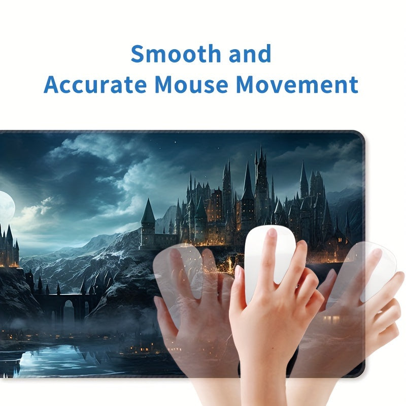 Castle Night Large Extended Gaming Mouse Pad made of rubber material with non-slip washable desk mat and precision edge stitching, ideal for gifting.