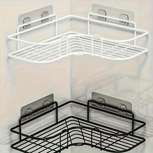 Wall-mounted shower caddy organizer for toiletries with adhesive hook.