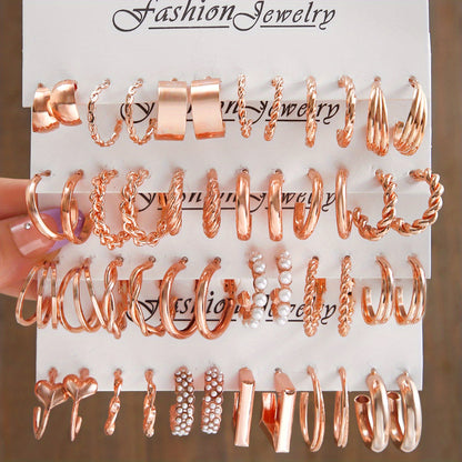 48pcs Golden-Tone Hoop Earrings Set - Zinc Alloy with Stainless Steel Posts, Ideal for Casual Wear & Gifting, Novelty Design