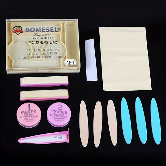 Set includes manicure tools for polishing nails.