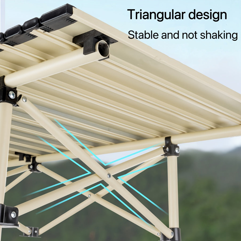 Compact and easy-to-carry portable stainless steel folding table for camping, barbecuing, and outdoor picnics.