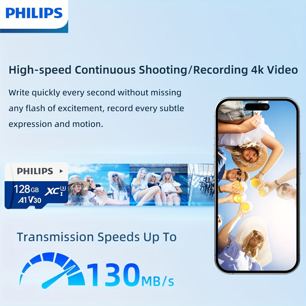 High-speed TF memory card with various capacities, Up to 130MB/s speed, 4K video support.