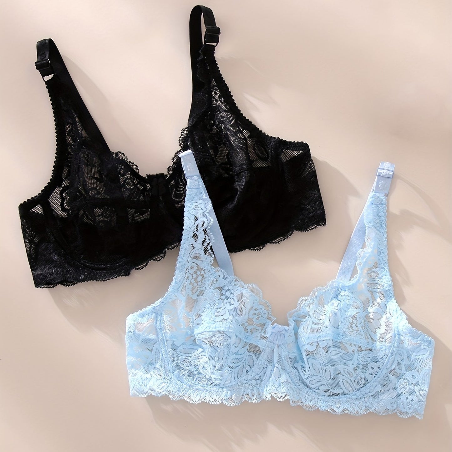 2 plain lace bras, semi-sheer and elegant for daily wear in women's lingerie.