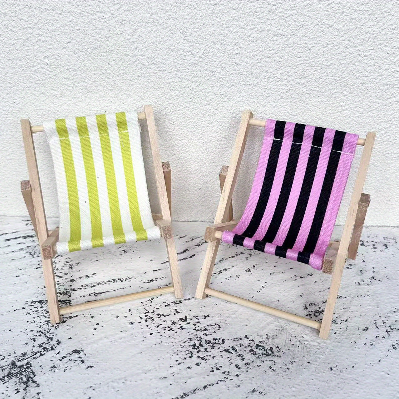 Set of 2 Mini Foldable Beach Chairs - Coastal Wooden and Fabric Design, Ideal for Wedding Decor, Desktop Decoration, Phone Holder, and Photography Prop