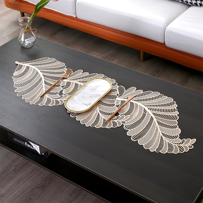 Gold table flag with PVC leaf design, heat-resistant and anti-slip, perfect for coffee tables. 1 piece.