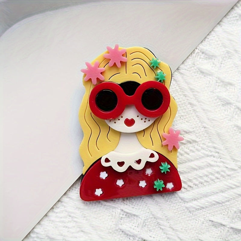 Charming and Stylish Acrylic Brooch: A Playful Pin featuring Red Glasses and Pretty Flowers