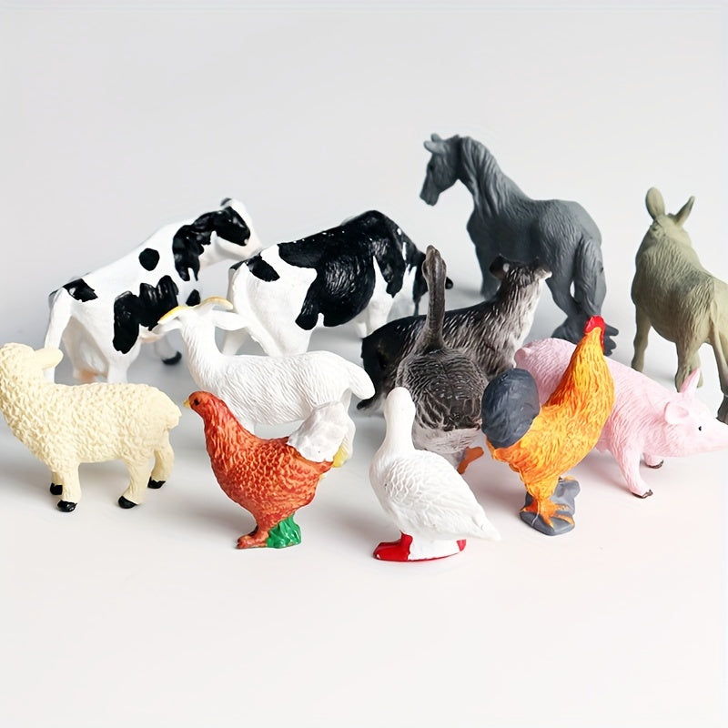 12-piece Farm Animal Figures Set for children aged 3-6, educational PVC miniature play animals featuring chickens, ducks, geese, horses, and cows for science and cognitive development.