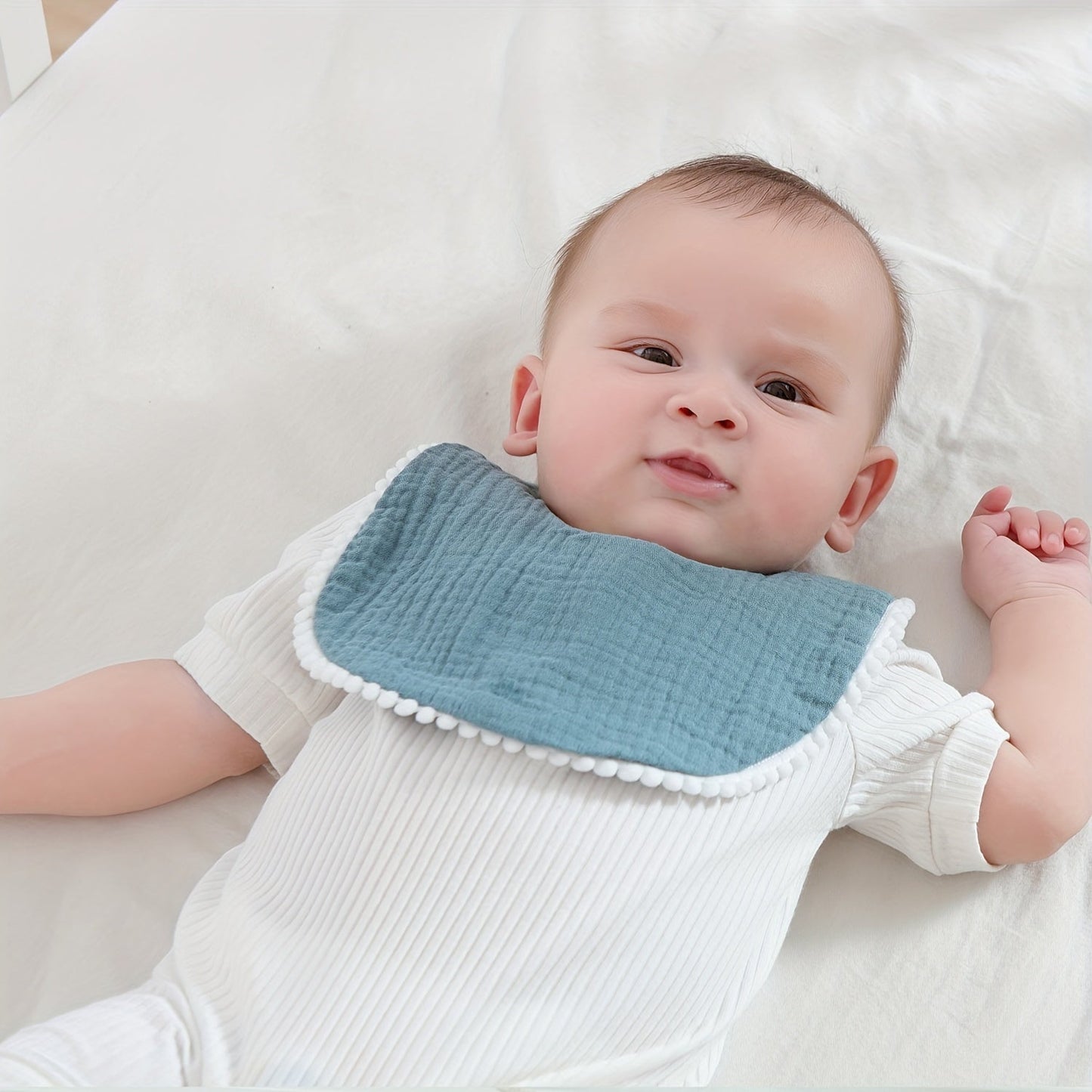 Set of 5 Baby Muslin Bibs with Pom Pom Accents, Soft and Adjustable Drool Bibs for Infant Boys and Girls, Perfect for Feeding Time