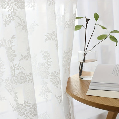 Elevate your living space with the sophisticated charm of the Elegant French White Lace Sheer Curtain featuring a delicate floral pattern. Made from semi-transparent polyester, this curtain is ideal for adding a touch of elegance and privacy to your