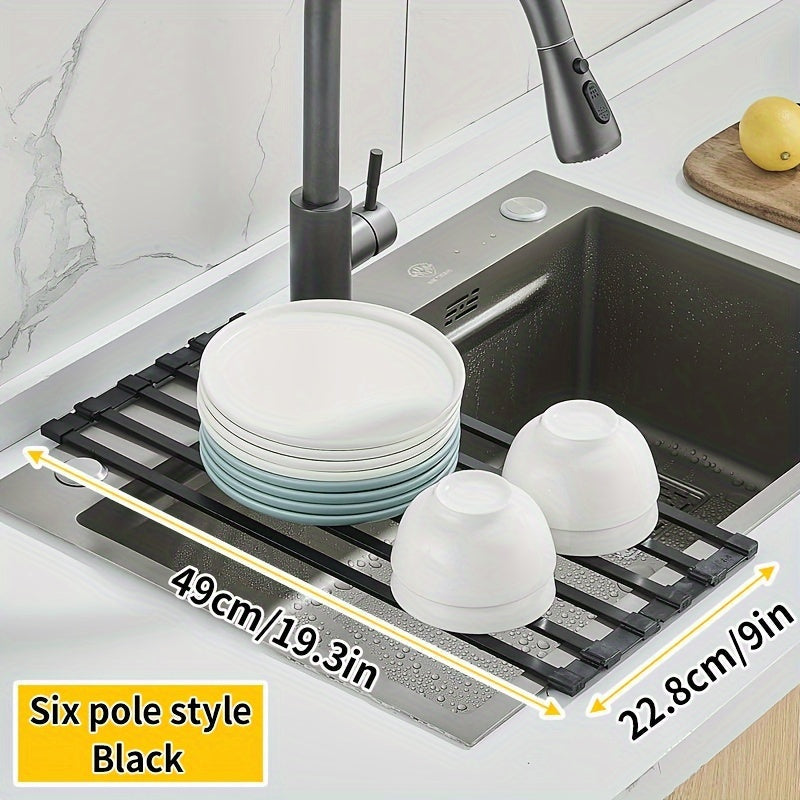 Aluminum Dish Rack that Folds for Easy Storage - Kitchen Sink Organizer for Efficient Dishwashing, Includes Drain Basket for Plates, Bowls & Utensils, Ideal for Drying Dishes and Saving Space in the Kitchen