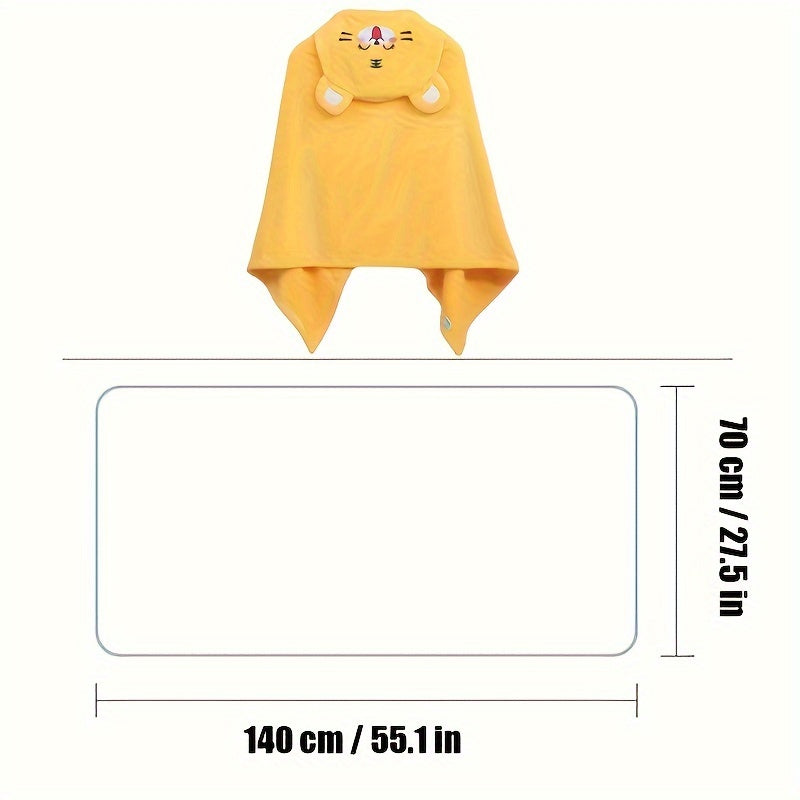 Soft and cozy tiger hooded bath towel with cute animal design for kids. Perfect for little ones, highly absorbent and warm, odorless and machine washable. Comes in yellow, measures 69.85x139.95 cm.