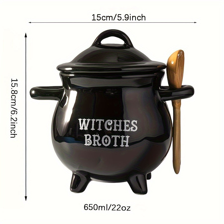 Large Halloween-themed soup pot made of ceramic with a lid, perfect for storing candy and cookies. This magic witch's potion cup is a great addition to your kitchen and dining decor. It is food-safe and can be used for serving deliciously spooky treats.