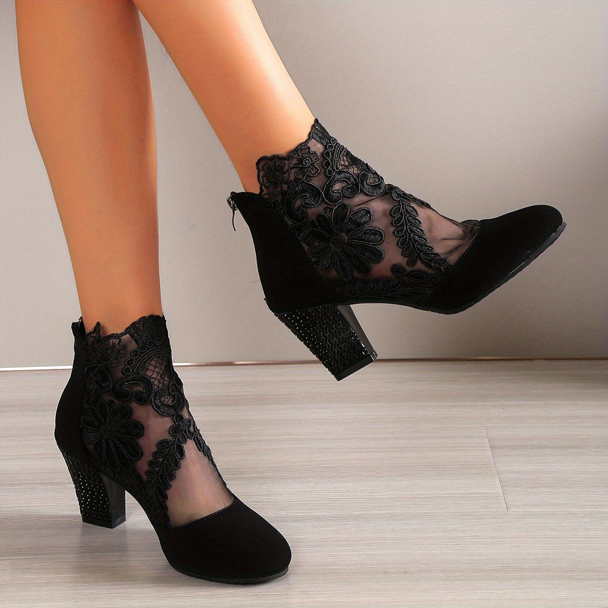 Mesh block heel boots with floral embroidered back zipper, versatile ankle boots for women.