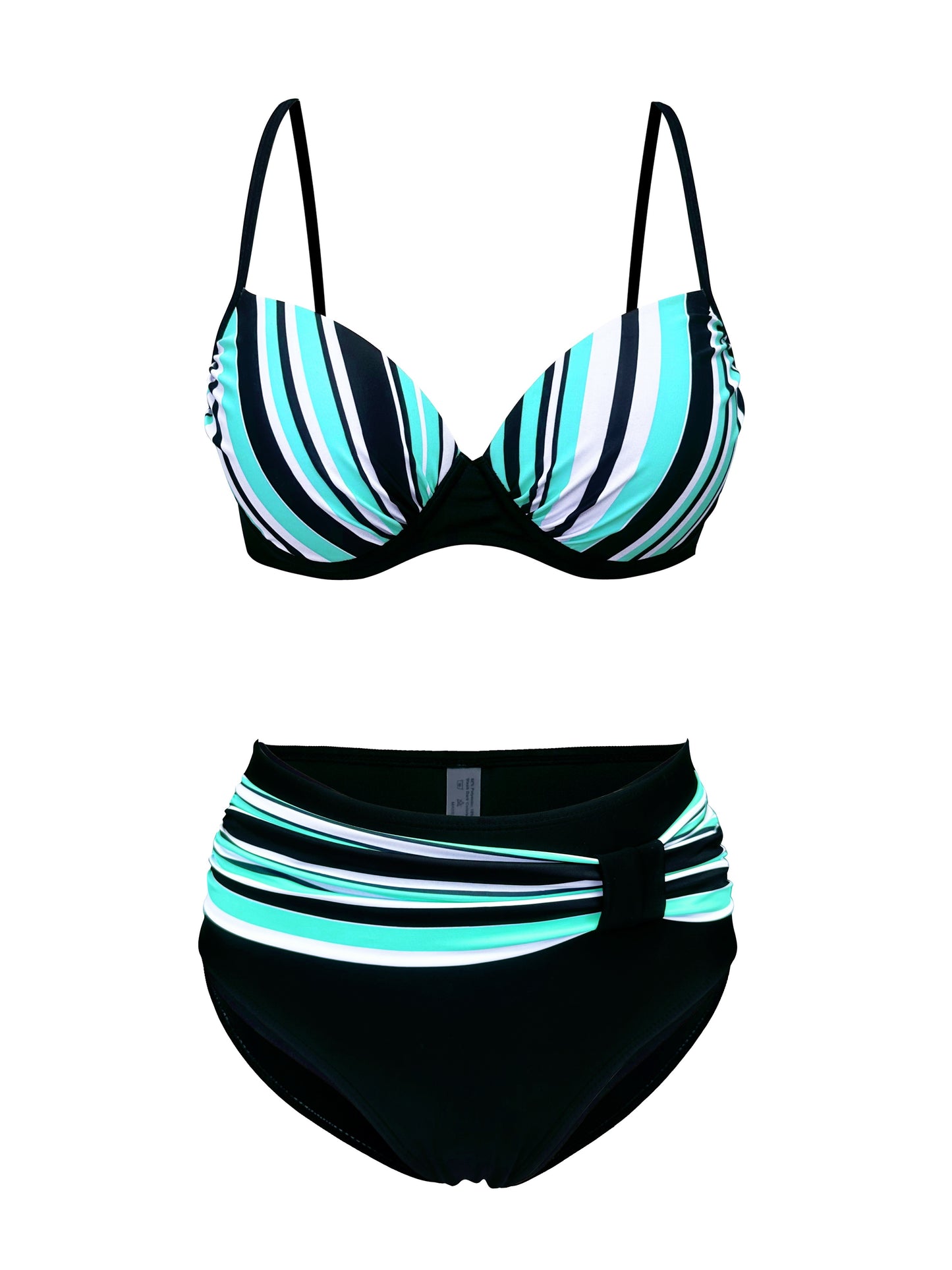 Striped print 2-piece bikini with V-neck and high-cut design.