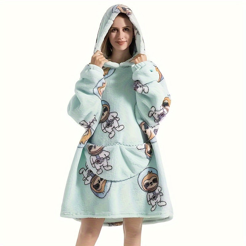 Animal-Themed Cozy Fleece Hooded Wearable Blanket - Reversible, Hand-Wash Only - Ideal for Outdoor Adventures and Home Relaxation