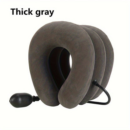 Thick/thin inflatable neck pillow for travel and relaxation with stretch and traction capabilities.