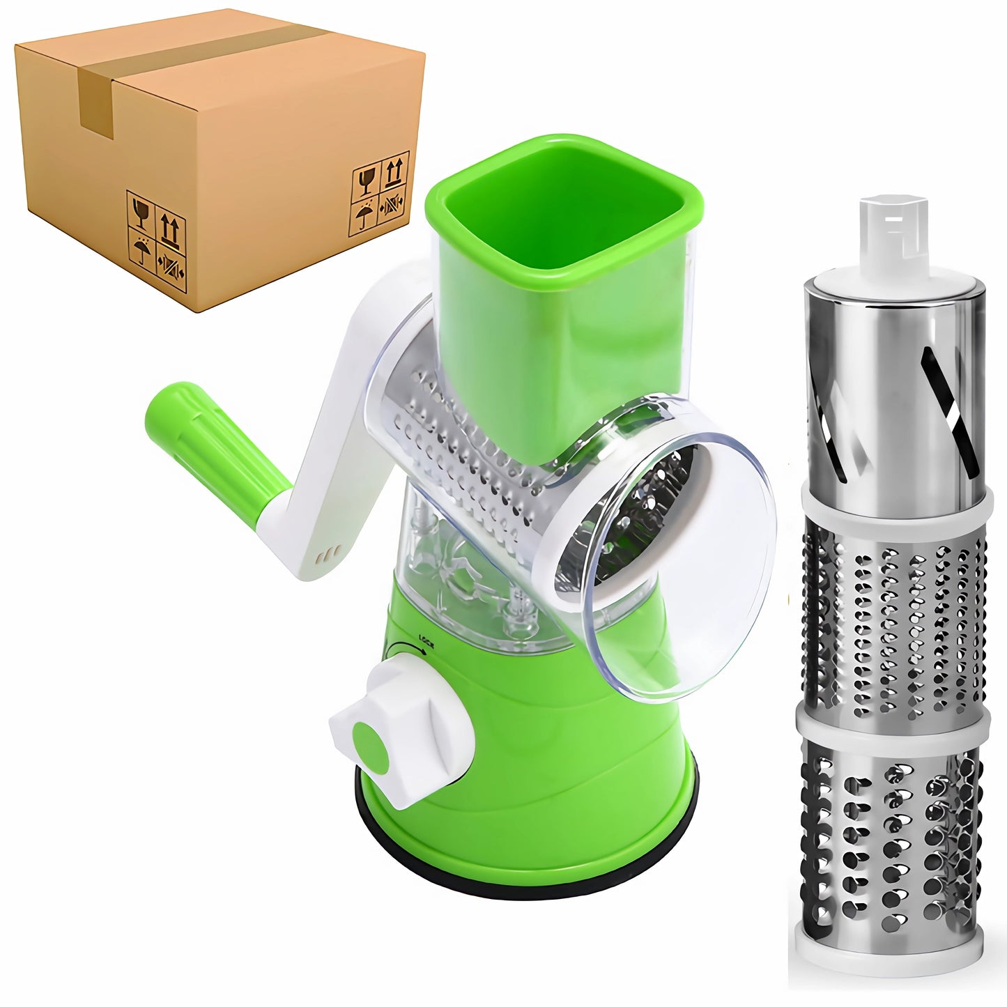 One piece of a durable plastic 3-blade fruit and veggie slicer and shredder, suitable for food-grade use in home kitchens, restaurants, and baking. This versatile tool is easy to assemble and perfect for all types of food preparation.