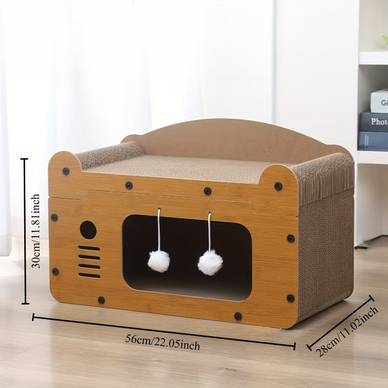 TV-shaped cat scratcher and resting mat made of durable cardboard with built-in ball toy, serves as multifunctional cat furniture for claw care and relaxation.