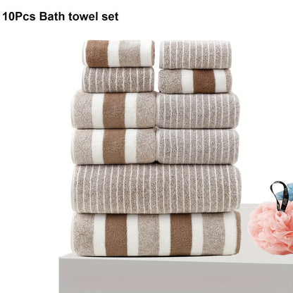 10-piece striped microfiber towel set includes 2 bath towels, 4 hand towels, and 4 washcloths. Perfect for home, hotel, and spa use due to their quick-dry and absorbent qualities.