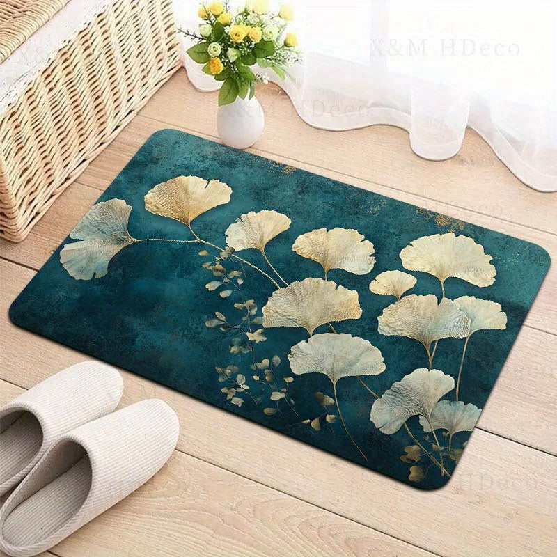 This retro-style Ginkgo Leaf pattern floor mat is 8mm thick and made from soft, high-quality material. It is suitable for use in the kitchen, living room, or bedroom. This durable mat is machine washable and can be used as an entrance door mat or