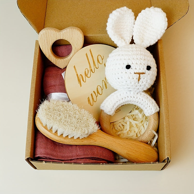 Handcrafted Baby Baptism Gift Set - includes an Organic Cotton Bamboo Bath Towel, Wooden Rabbit Rattle, Natural Wool Brush, "Hello World" Newborn Photo Prop. Perfect for Baby Shower and children aged 0-3 years old.