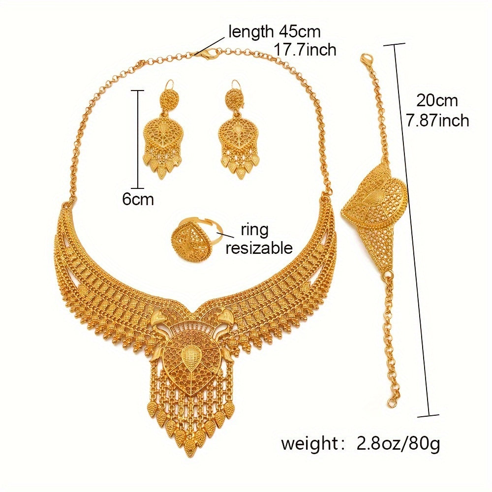 This luxurious jewelry set, consisting of a necklace, bracelet, ring, and two earrings, is exquisitely crafted for women in the Middle East, with a focus on Dubai. Perfect for wedding attire, this set is versatile and can be worn by brides from Europe