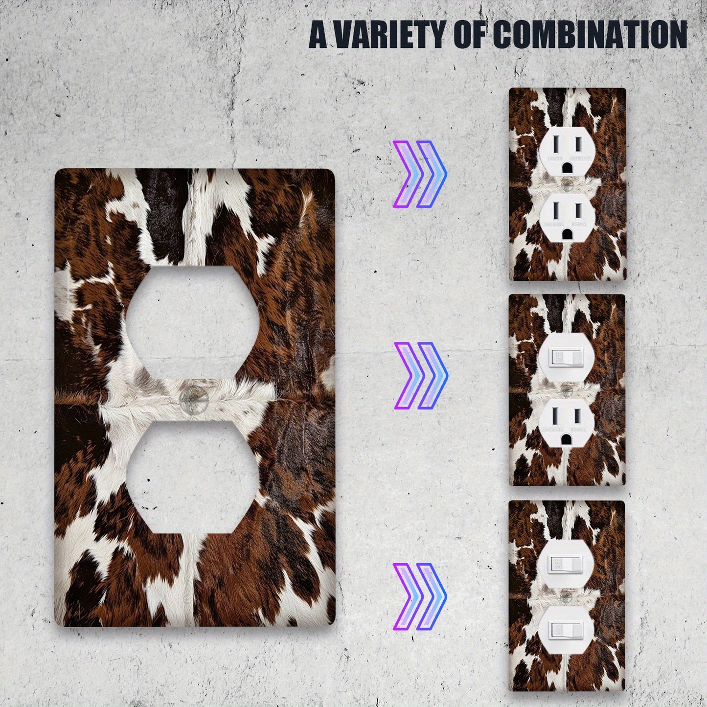 Cowhide pattern wall plate for indoor/outdoor use, fits 1-2 sockets in bedroom, kitchen, or bathroom.