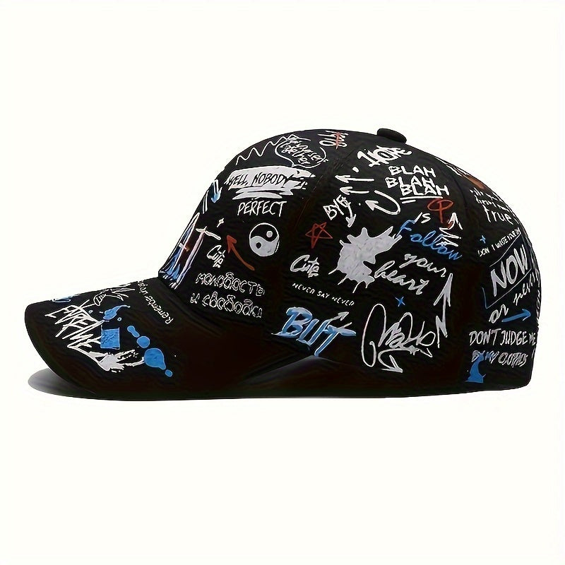 Polyester graffiti print hip-hop baseball cap with PVC coating. Perfect for parties and festivals. Hand washable.