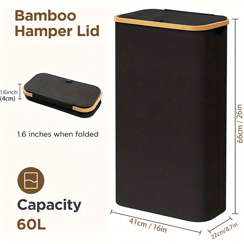 Ultra-thin and modern, this bamboo laundry basket comes with a lid and detachable bag for convenient storage in your bedroom, bathroom, laundry room, or dorm. With a 60L capacity, this foldable rectangular hamper is perfect for all your laundry needs.