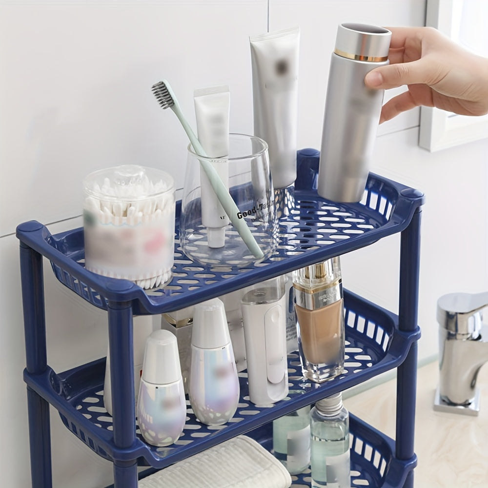 Plastic bathroom vanity organizer shelf for makeup, toiletries, and sundries storage in the bathroom.