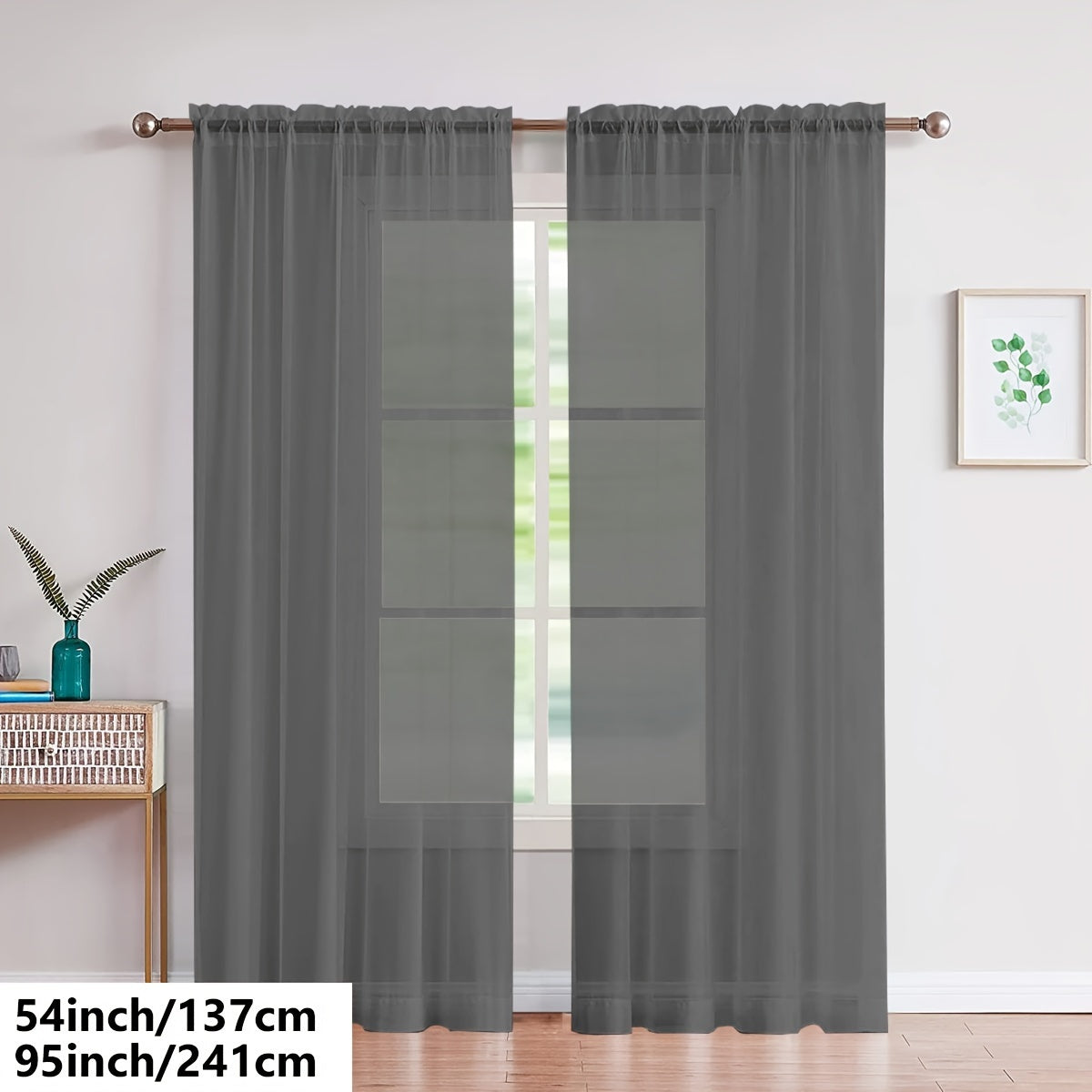 Two pieces of lightweight transparent white gauze curtains, designed for living room and bedroom decoration, with pole-wearing feature.