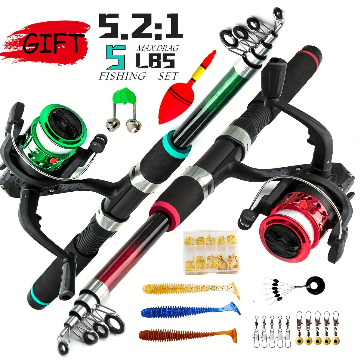 Travel-friendly telescopic fishing rod set with feeder, made of durable FRP, includes carp spinning pole, reel, baits, and hooks.