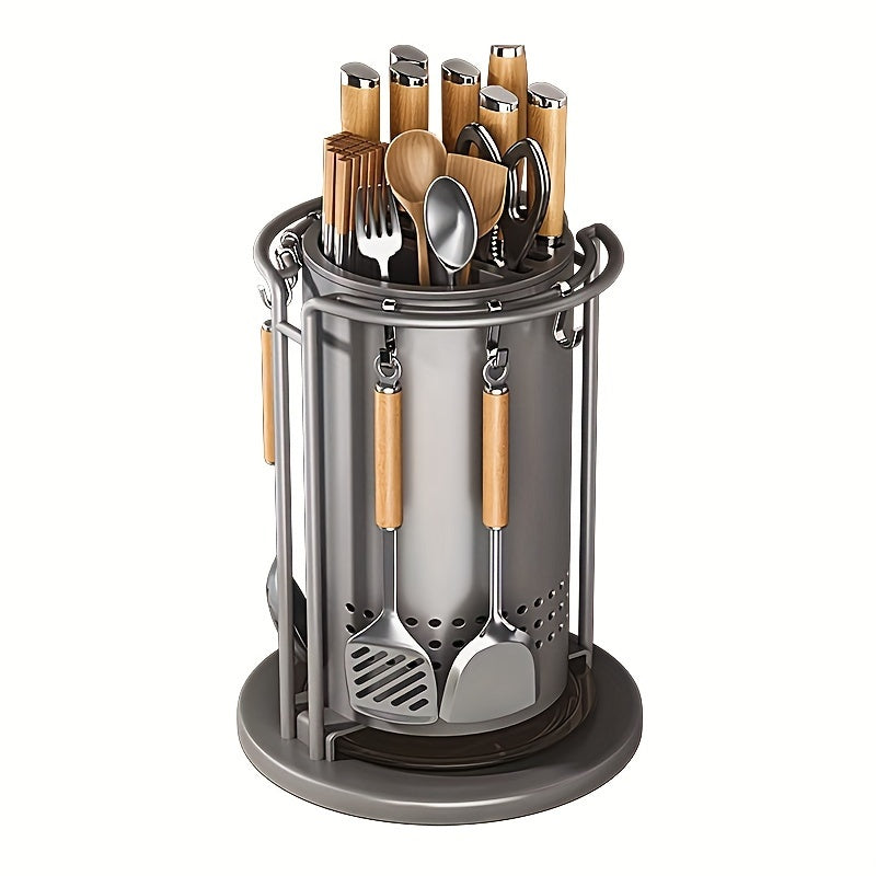 Kitchen Knife Block Set with Rotating Utensil Holder - Organize Your Cooking Tools in Style! This Multi-Functional Carbon Steel Storage Solution Saves Space for Knives, Spoons, Spatulas, and Chopsticks.