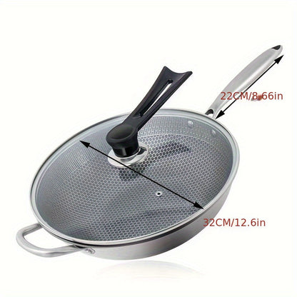 1-piece Stainless Steel Skillet with Lid featuring a thick honeycomb non-stick surface, perfect for cooking steak, eggs, and stir-fry dishes. This versatile pan is compatible with both induction and gas stoves, but should be hand washed for best results.