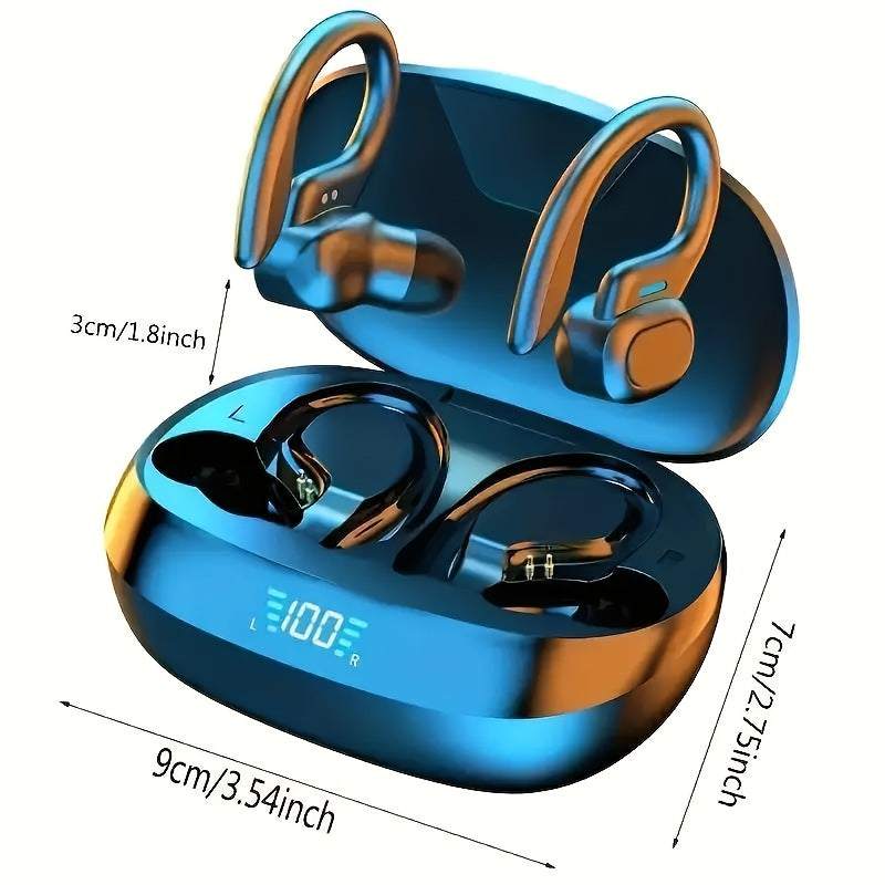 Wireless earphones with HD microphone, LED charging case, auto pairing for extended battery life. Ideal for sports, cycling, driving, and daily use. Comfortable ear hanging design for long