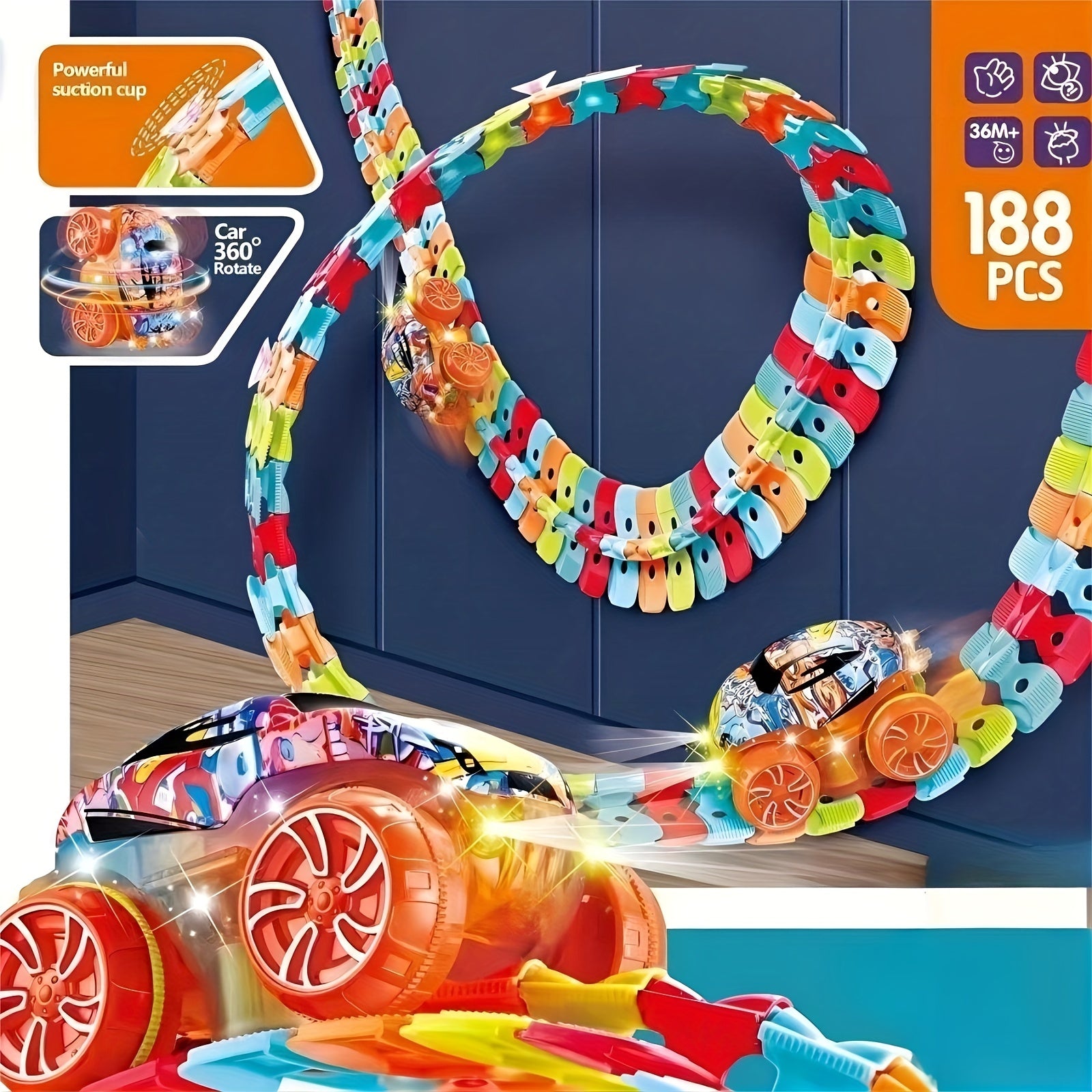 Flexible kids track cars set with LED light-up race car, bendable analog track system made of ABS material. No batteries required. Colorful birthday gift for boys.