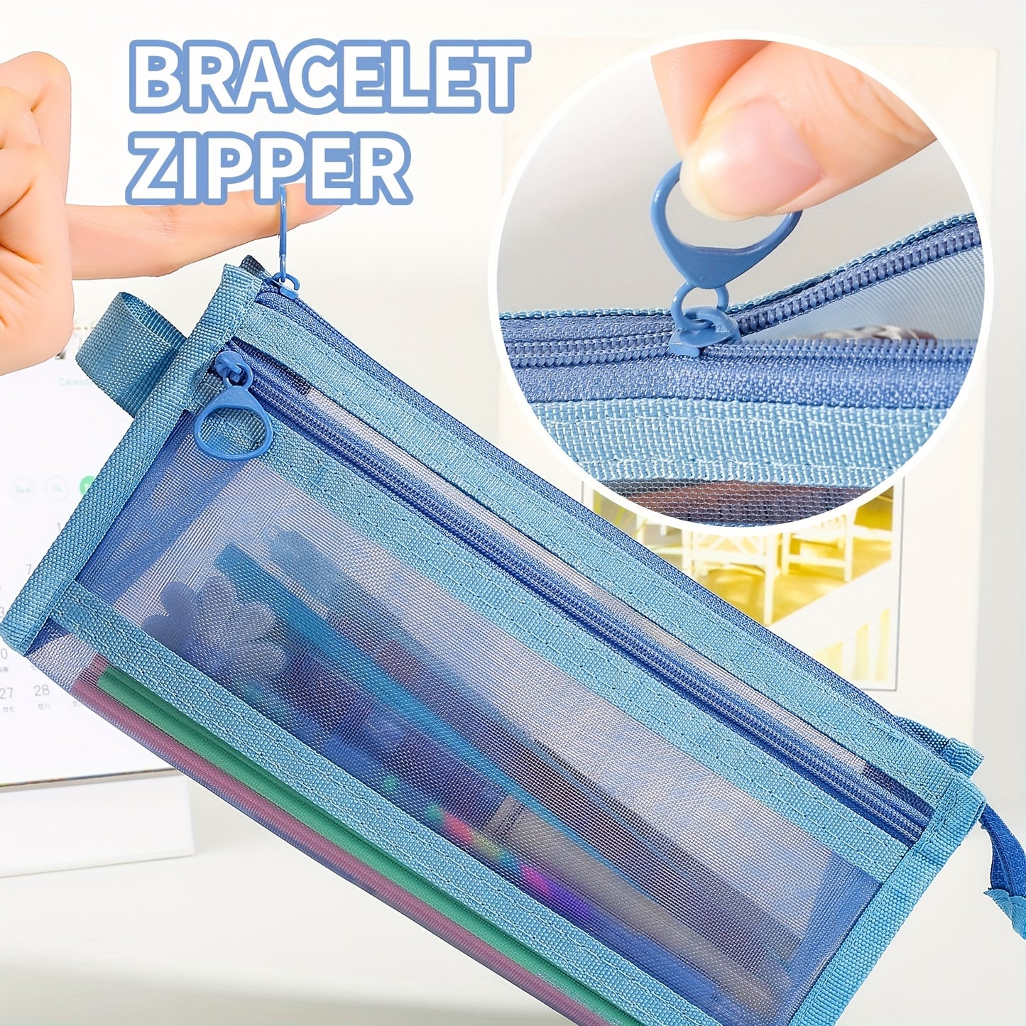 Durable, large-capacity pencil case with multifunctional zipper for organizing school supplies and cosmetics.