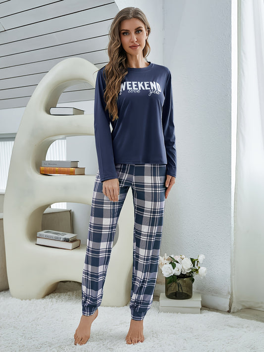 Casual women's pajama set with letter print top and plaid pants, perfect for fall and lounging at home.