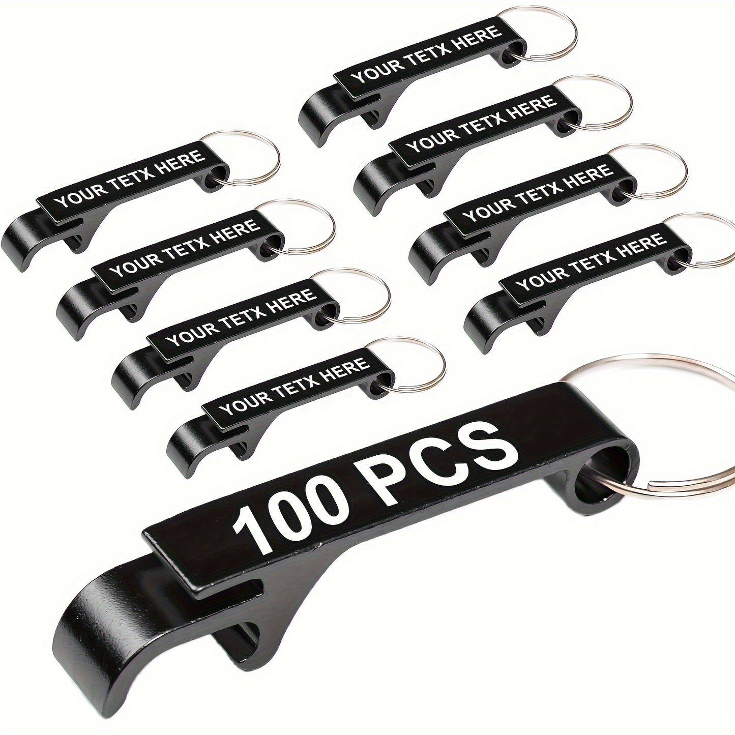 100 customizable metal bottle opener keychains, perfect for picnics and parties. Durable and portable, no power needed.