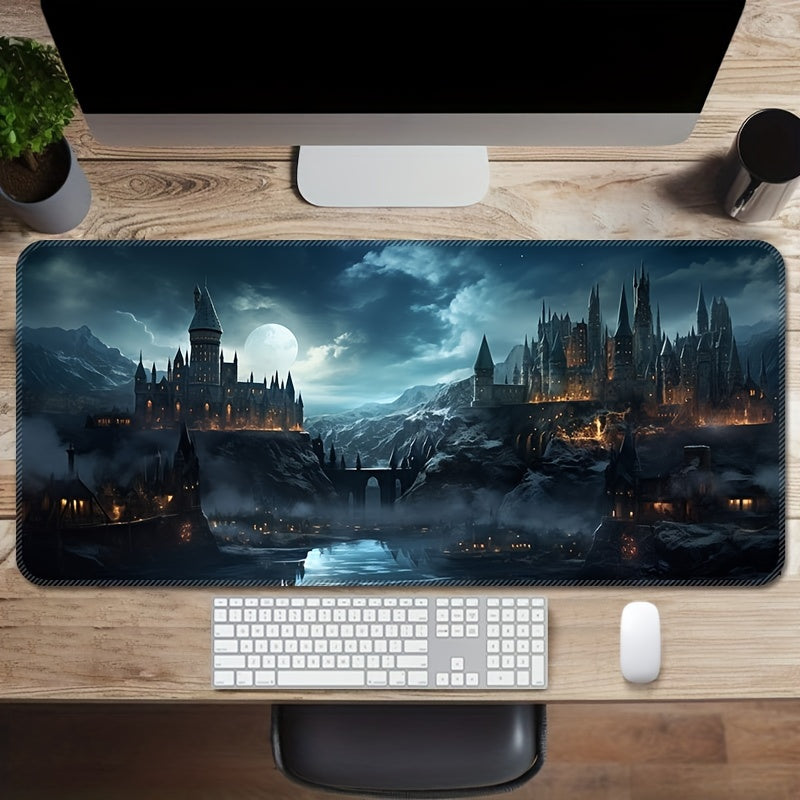 Castle Night Large Extended Gaming Mouse Pad made of rubber material with non-slip washable desk mat and precision edge stitching, ideal for gifting.