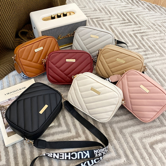 A stylish small square twill crossbody bag for women with compartments for phone and wallet. Available in khaki, brown, gray, white, pink, and black. Made of PU material with polyester