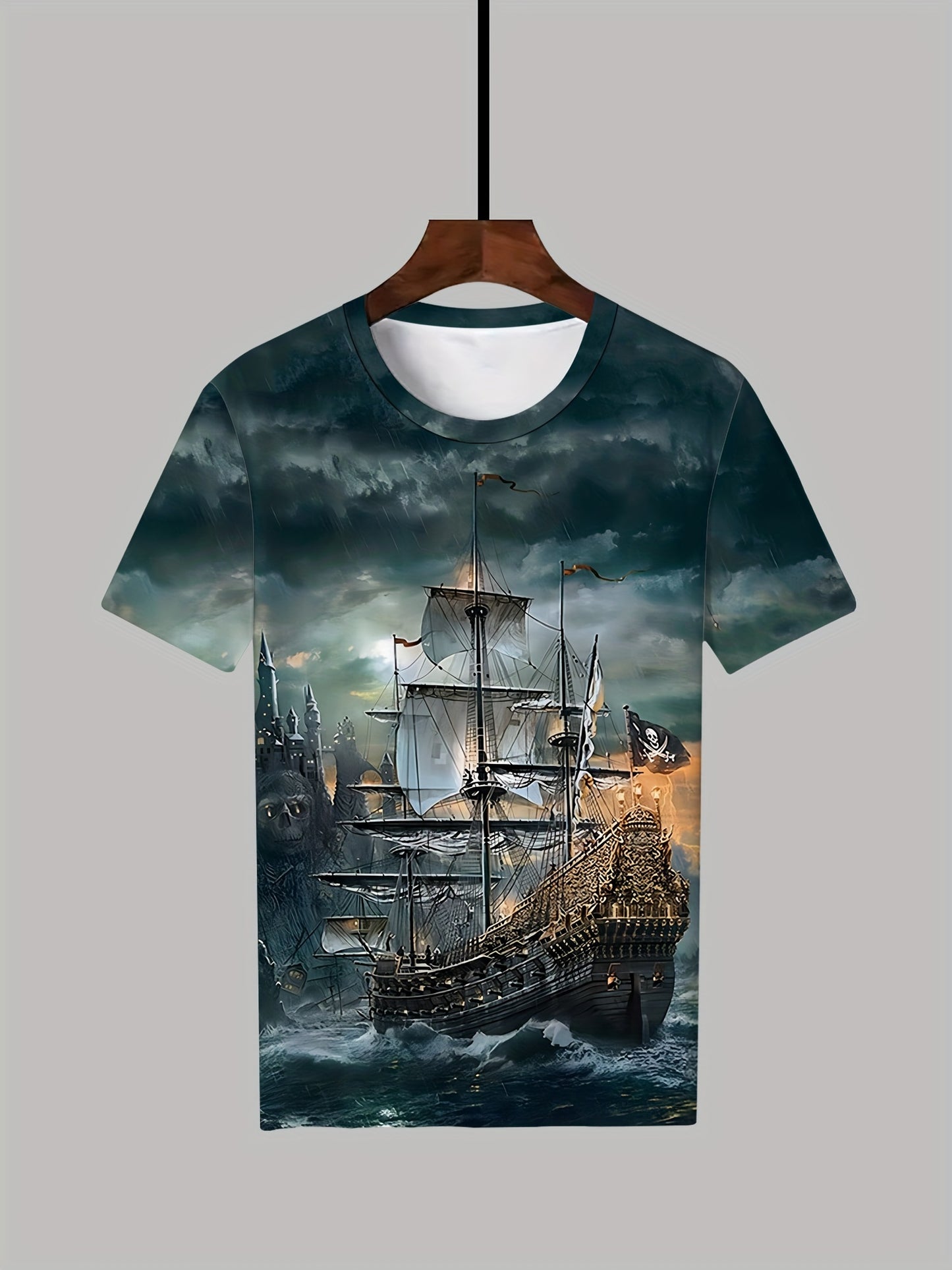 Men's pirate ship print t-shirt made of polyester knit fabric with slight stretch, featuring casual street style and regular fit for daily wear in plus size.